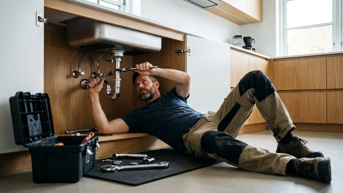 Loodgieter installeert leidingen onder keukengootsteen