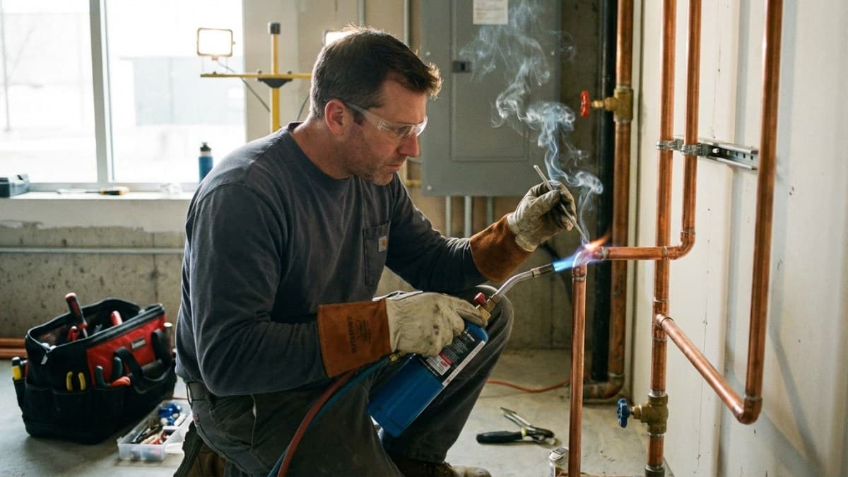 Loodgieter soldeert koperen leidingen