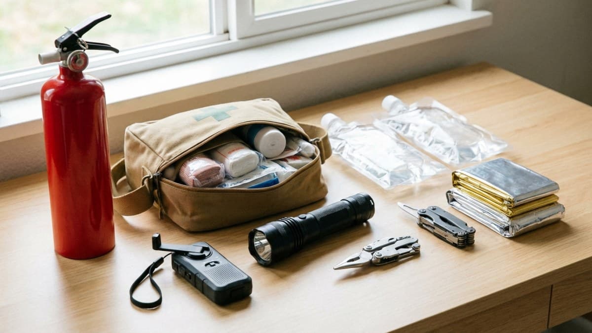 Veiligheidskit: brandblusser, EHBO-kit en noodverlichting