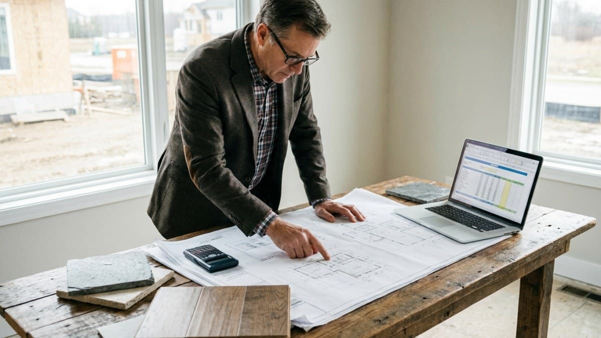 Bouwplannen en materiaalsamples op tafel met calculator