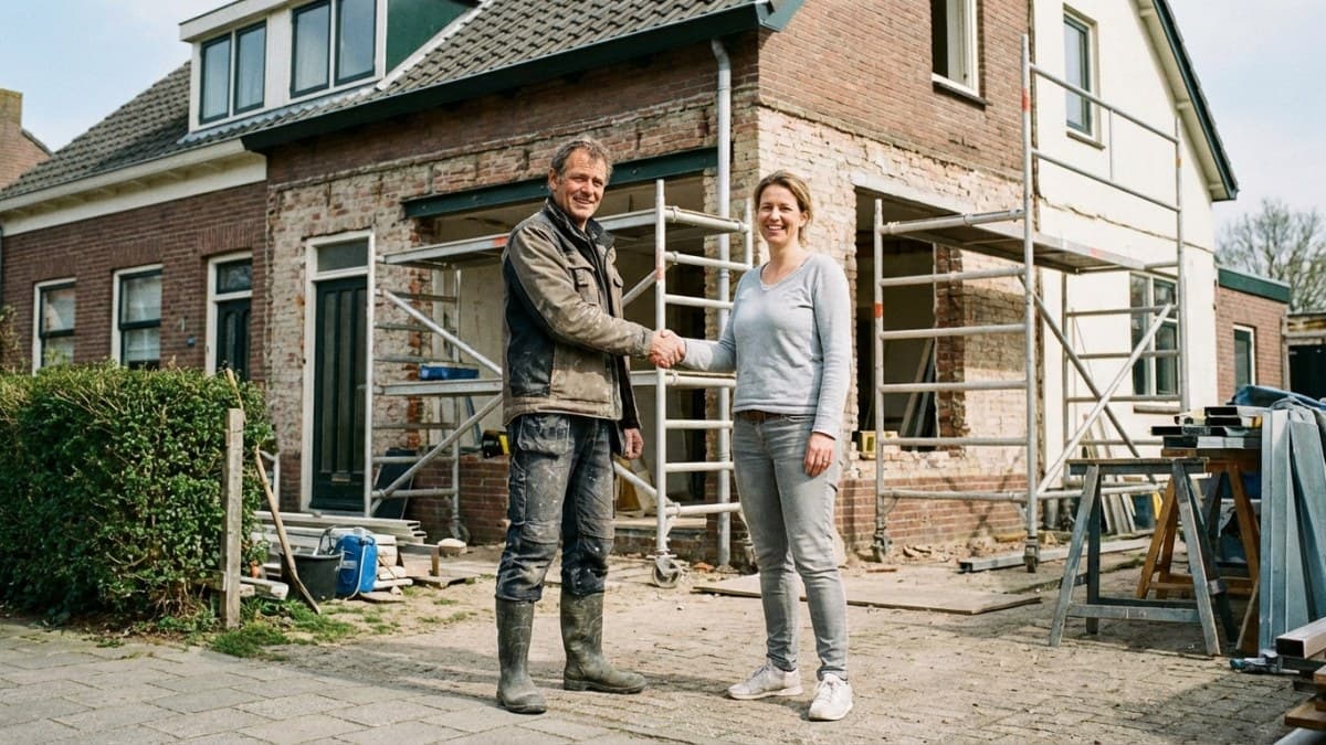 Aannemer en huiseigenaar schudden handen bij verbouwing