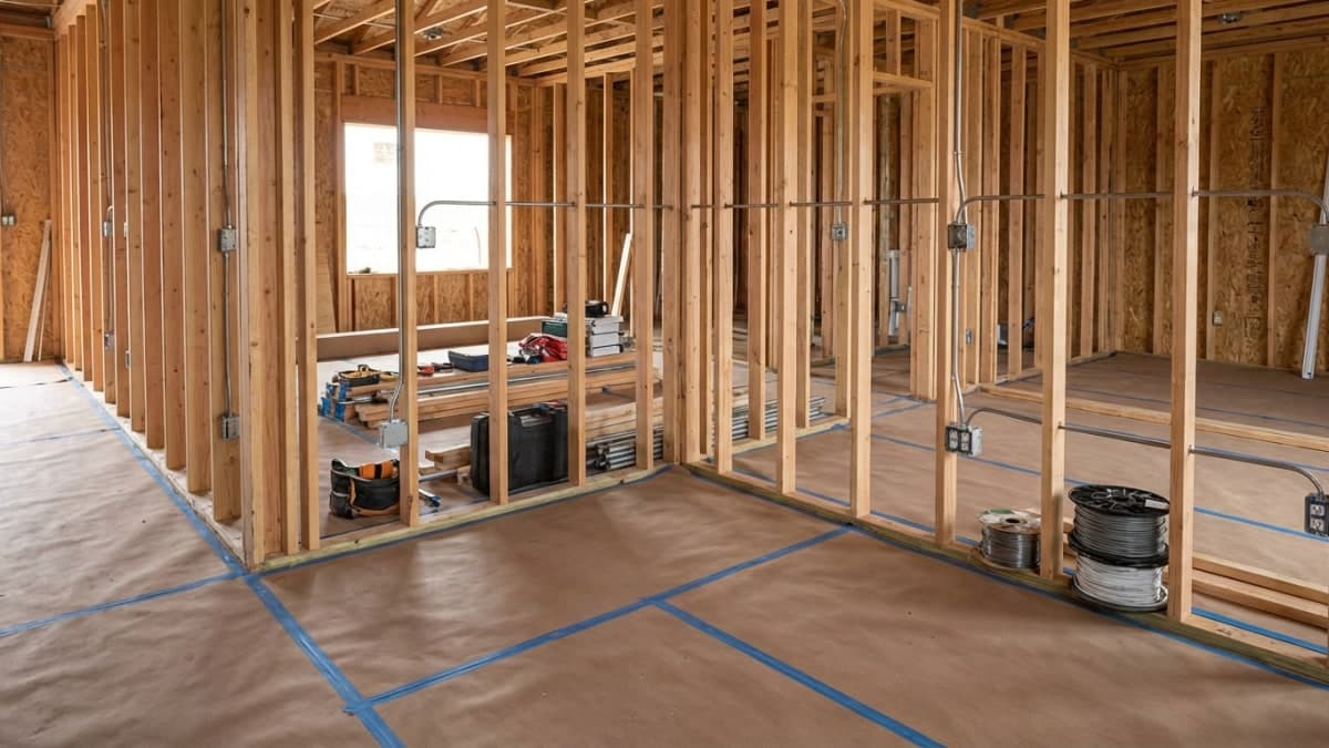 Verbouwing in uitvoering met houten framewerk en leidingen