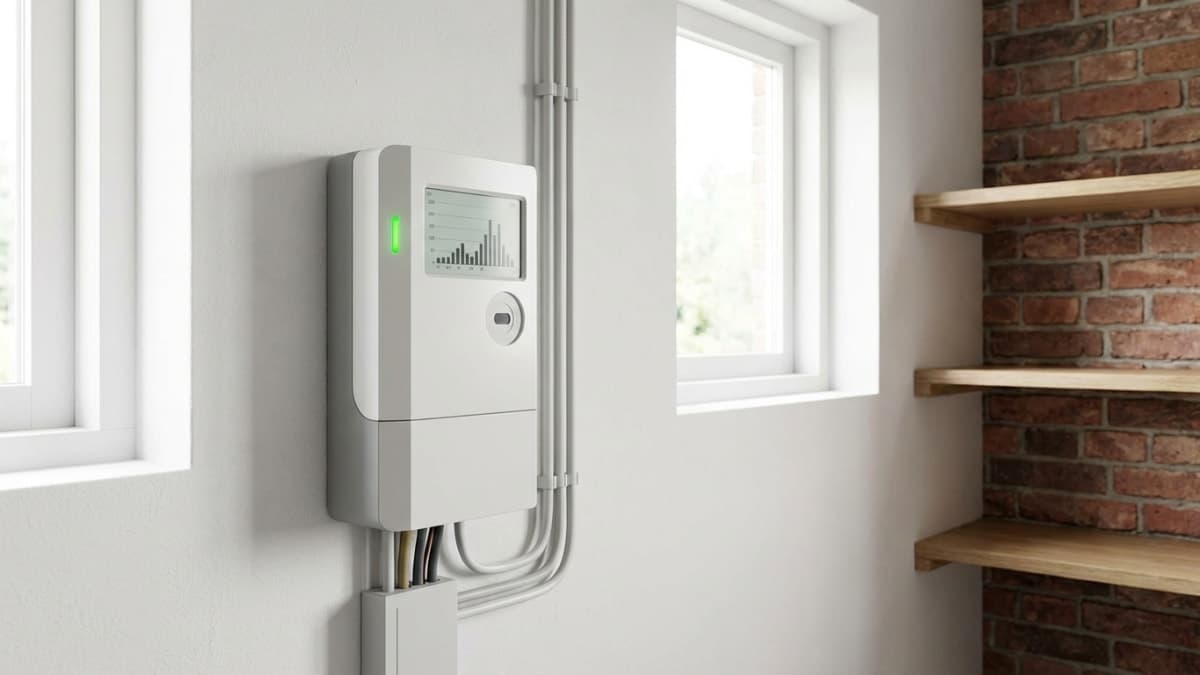 Slimme energiemeter aan muur toont verbruik
