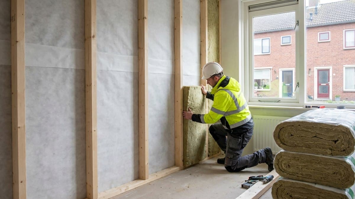 Monteur installeert muurisolatie in woning